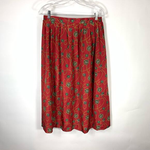Vintage Silky Midi Skirt Chains Crest Shield Red Large - Picture 1 of 6